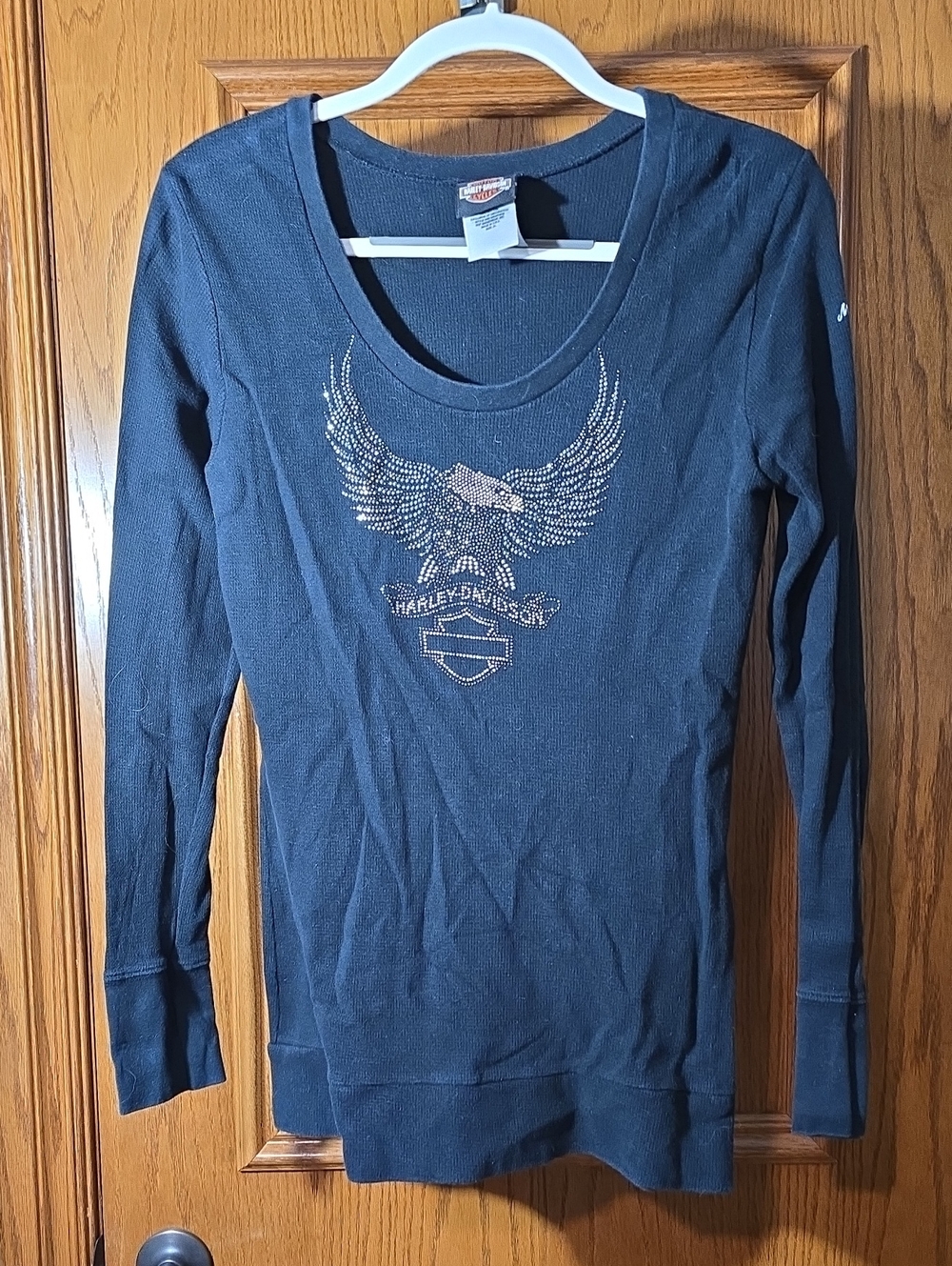 Harley-Davidson Black Long-Sleeve Scoop Neck Top with Rhinestone Eagle